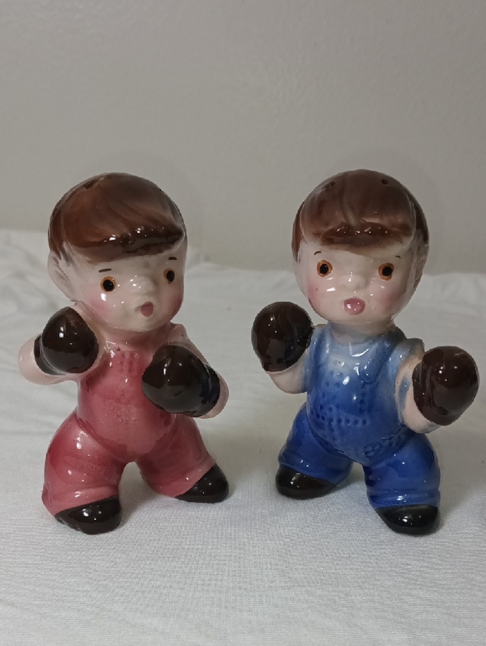 Vintage Ceramic Boy Figurine Salt & Pepper Shakers - Pink & Blue Overalls